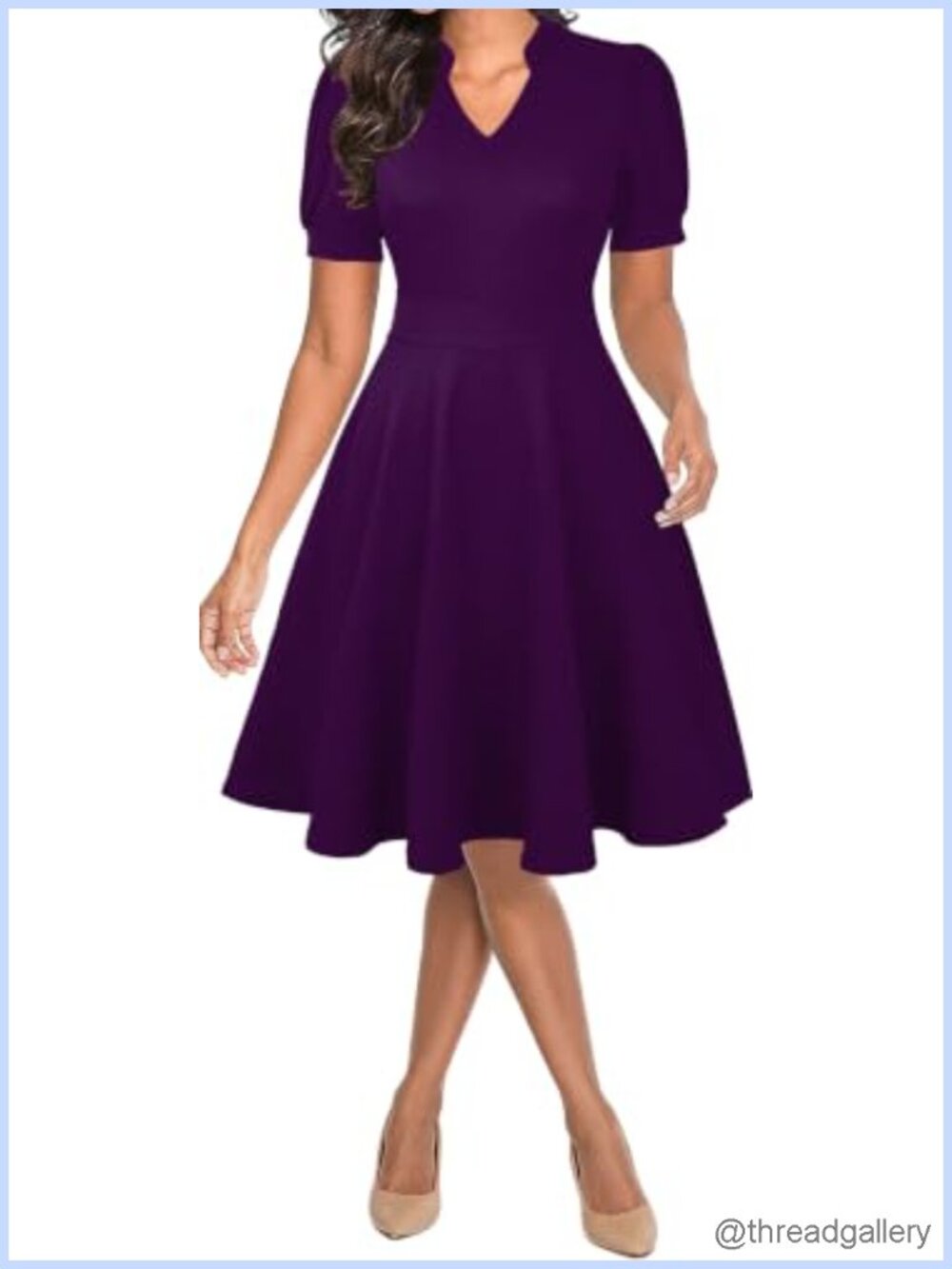 Womens Summer Puff Sleeve V-Neck A-Line Dress with Pockets Knee Length